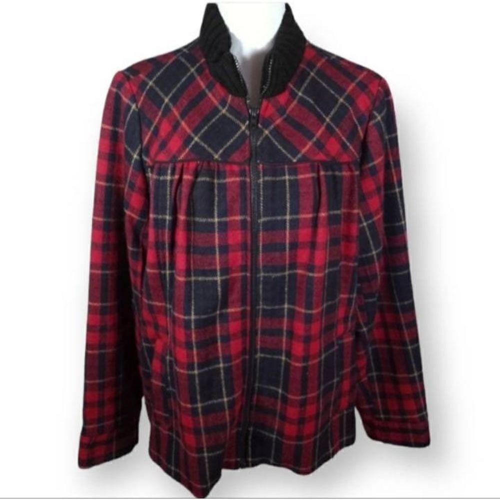 Vintage RELATIVITY RED Tartan Plaid WOOL BLEND Zip Up Bomber Jacket SHACKET SZ.1